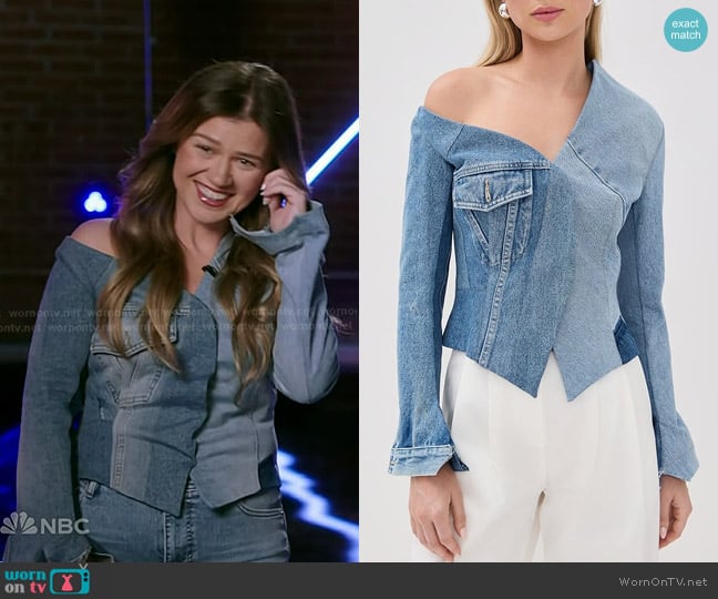 A.W.A.K.E. MODE Upcycled Denim Off Shoulder Jacket worn by Kelly Clarkson on The Voice