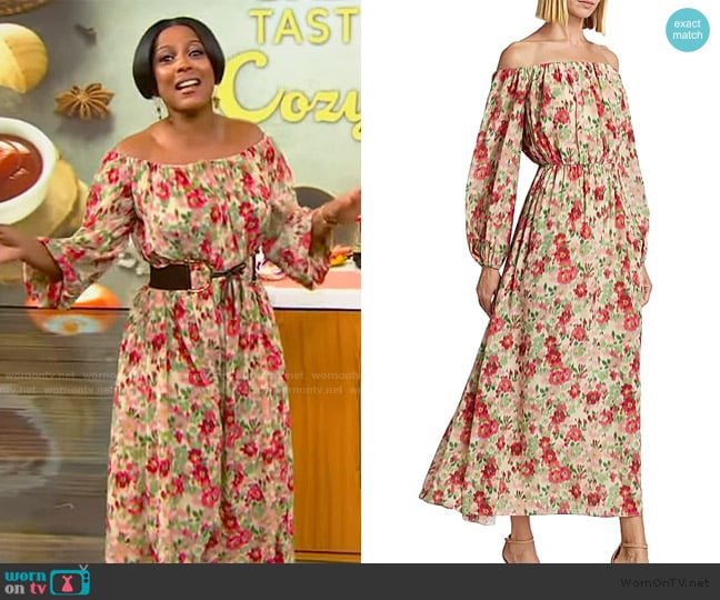 Adam Lippes Floral silk off-the-shoulder dress worn by Tamron Hall on Tamron Hall Show