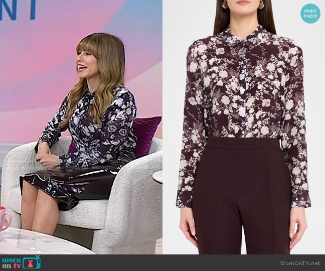 Adam Lippes Mathias Floral Silk Button-Down Shirt in Aubergine worn by Linda Cardellini on Today