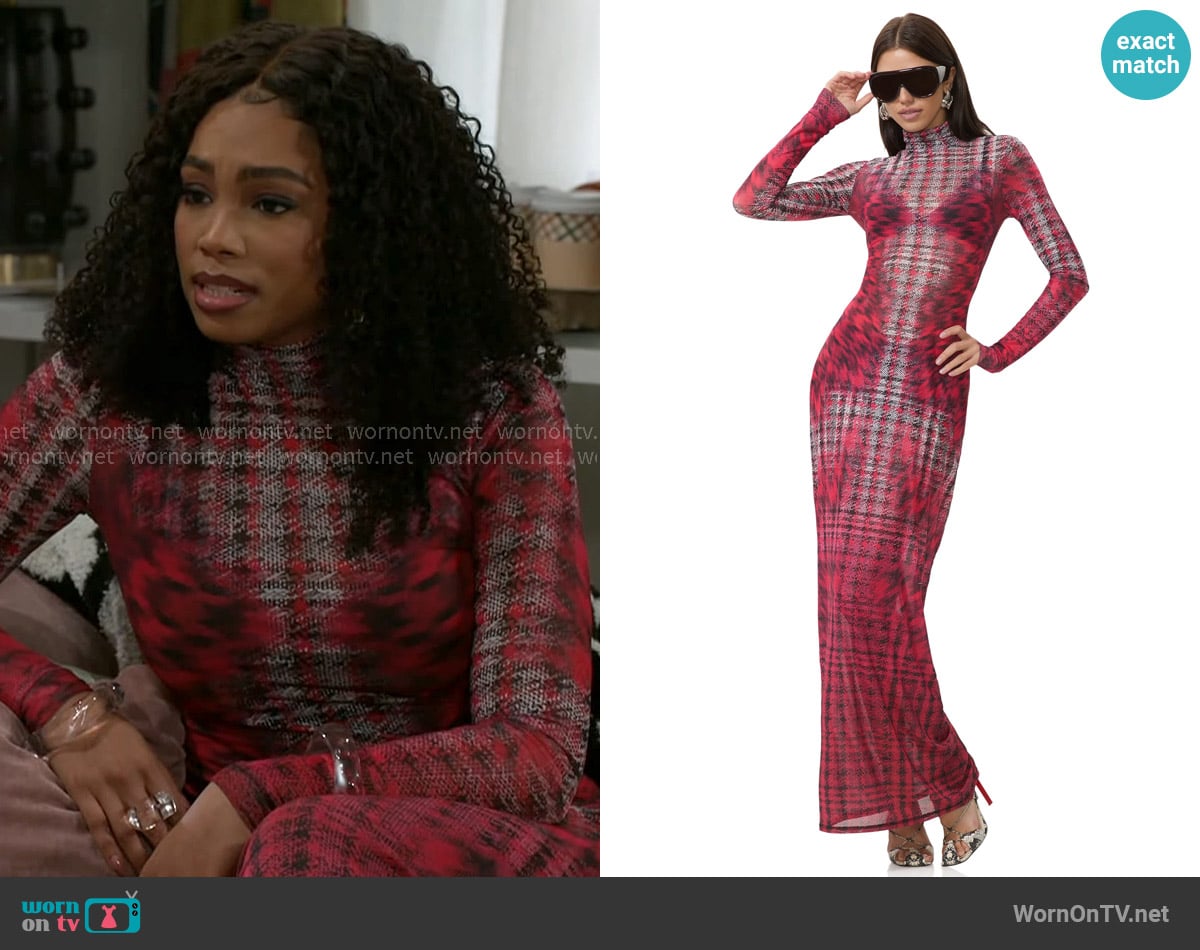 AFRM Billie Dress in Ruby Houndstooth worn by Chelsea Hamilton (RhonniRose Mantilla) on Beyond the Gates