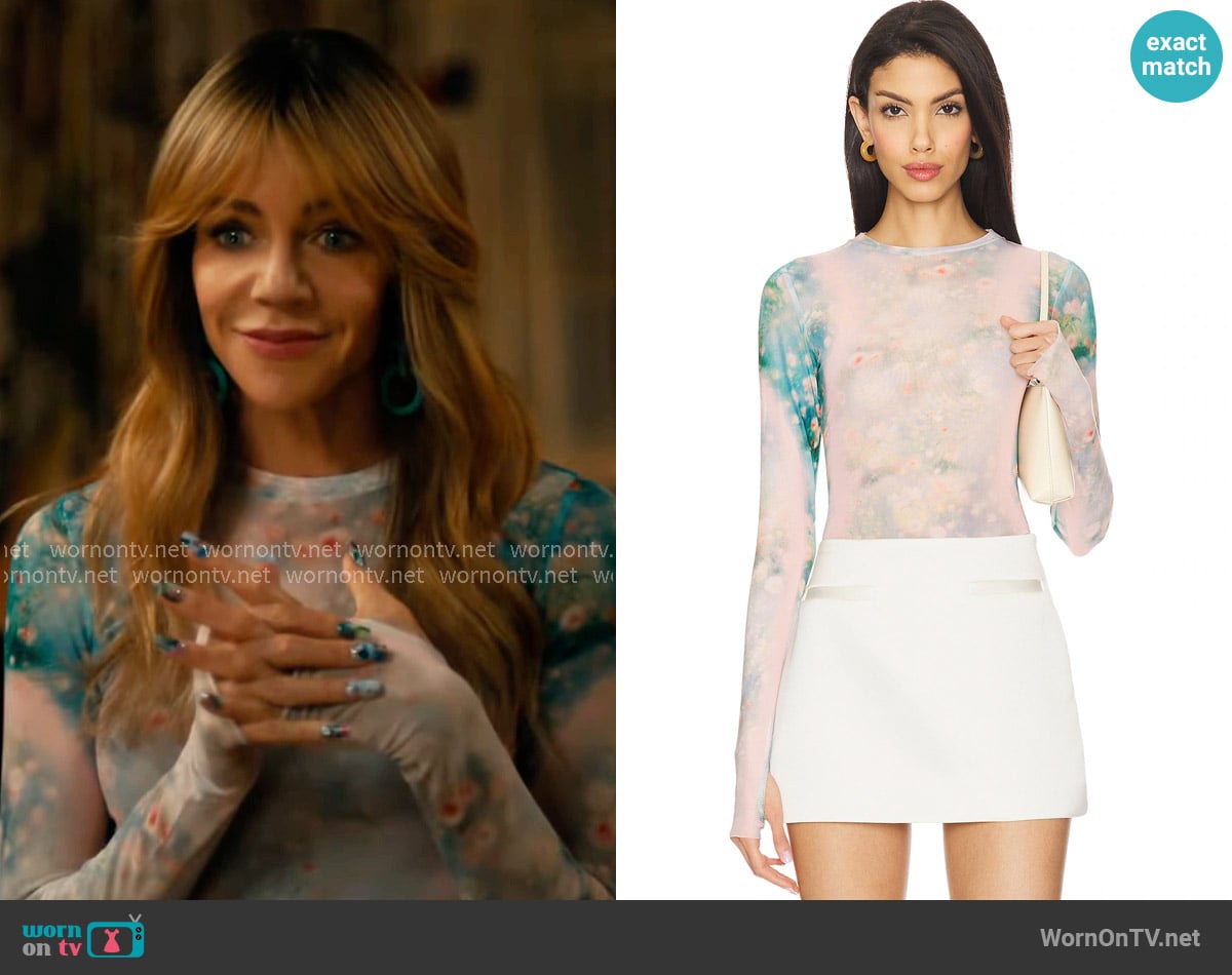 AFRM Kaylee Top in Placed Fog Floral worn by Morgan Gillory (Kaitlin Olson) on High Potential