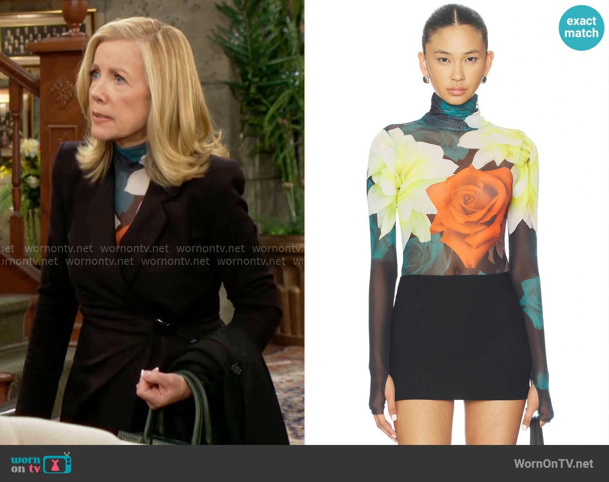 AFRM Milo Bodysuit in Citron Blossom worn by Nikki Reed Newman (Melody Thomas-Scott) on The Young and the Restless