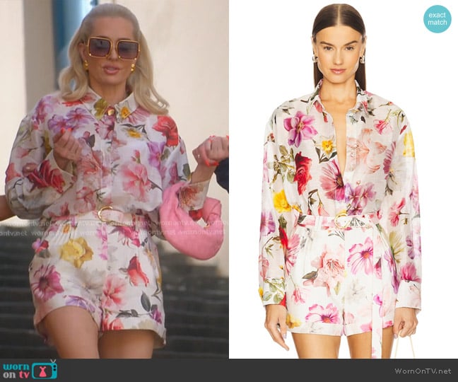 Aje Fleur Shirt in Collage Floral worn by Erika Jayne on The Real Housewives of Beverly Hills