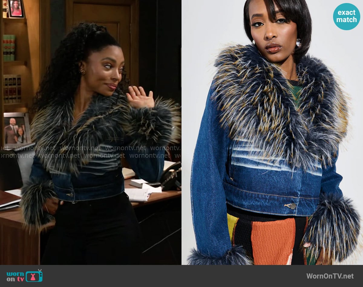 Akira Ad Astra Fur Trim Jacket in Dark Blue Denim worn by Lynette Wise (Dominique Madison) on Beyond the Gates