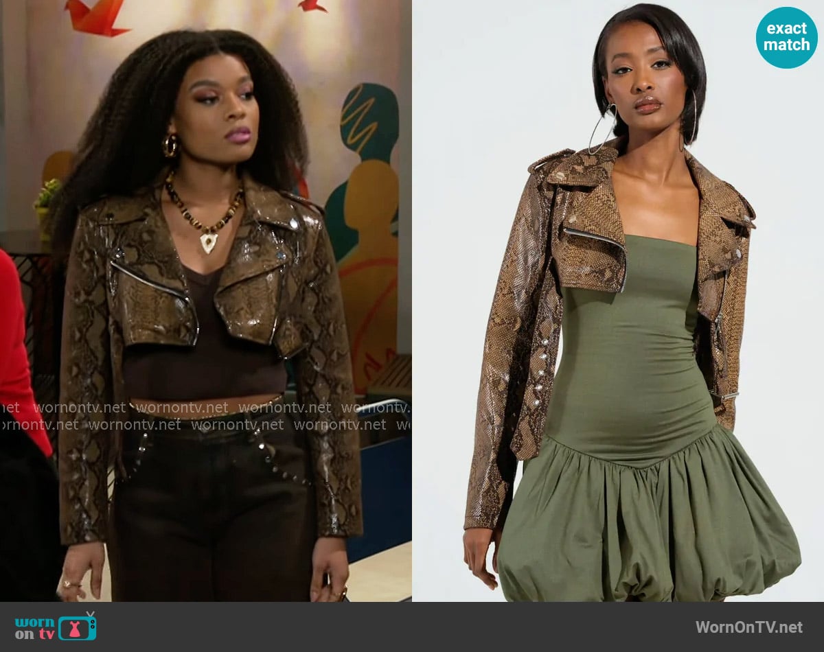 Akira Couture Ultra Crop Moto worn by Eva Thomas (Ambyr Michelle) on Beyond the Gates