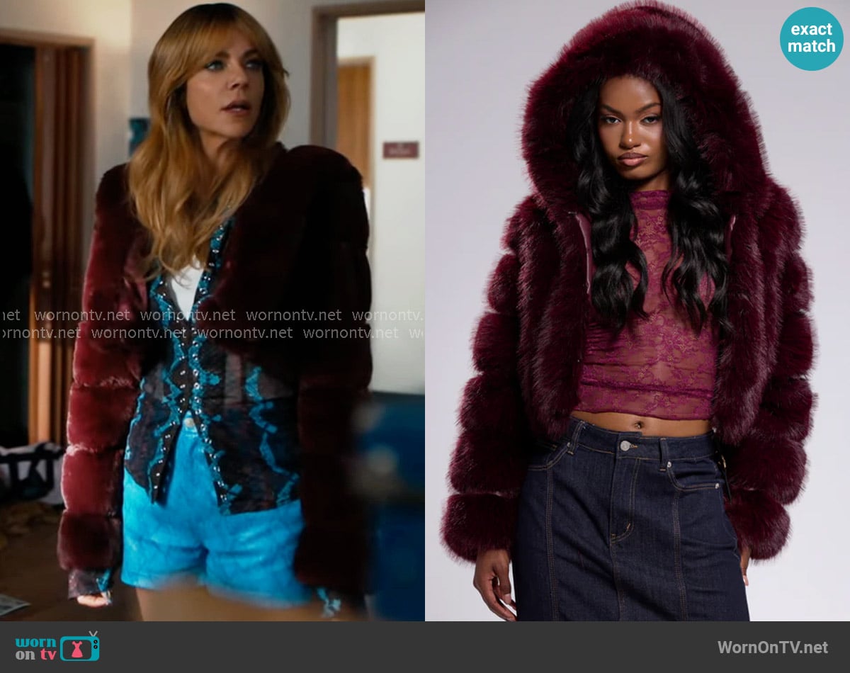 Akira Jolene Faux Fur Coat in Burgundy worn by Morgan Gillory (Kaitlin Olson) on High Potential