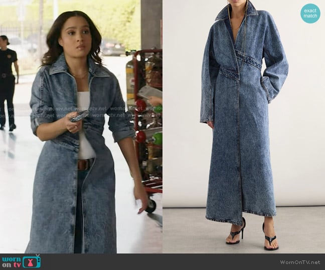 Alaia Spiral Asymmetric Denim Coat worn by May Grant (Corinne Massiah) on 9-1-1