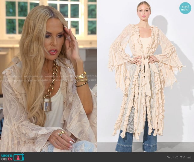 Alice + Olivia Cher Ruffle Maxi Robe in champagne worn by Rachel Zoe on The Real Housewives of Beverly Hills