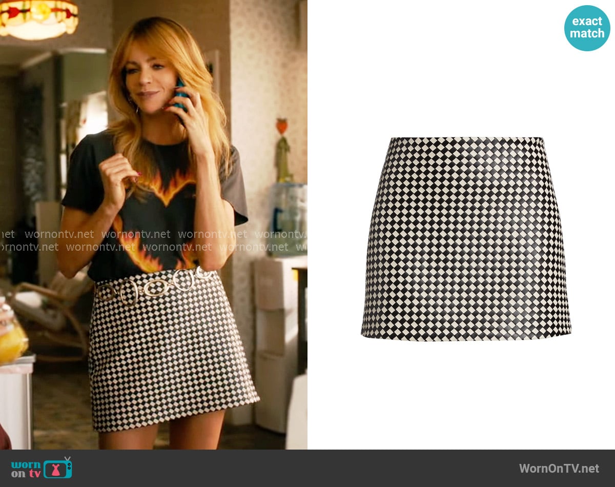 Alice + Olivia Elana Faux Leather Miniskirt in Black Biscotti worn by Morgan Gillory (Kaitlin Olson) on High Potential