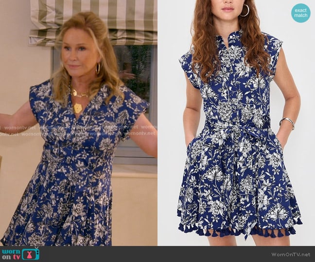 Alice + Olivia Lucy Cuffed Cap Sleeve Mini Shirt Dress in Blooming Wild Indigo worn by Kathy Hilton on The Real Housewives of Beverly Hills