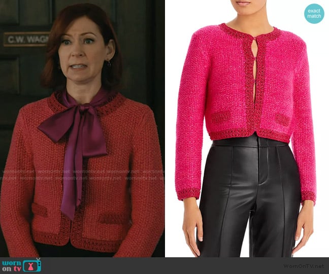 Alice + Olivia Noella Sequin Embellished Bouclé Cardigan worn by Elsbeth Tascioni (Carrie Preston) on Elsbeth
