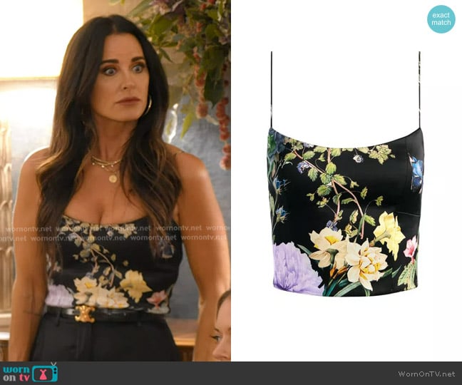 Alice + Olivia Saylor Bustier Cami Top in Venus floral worn by Kyle Richards on The Real Housewives of Beverly Hills