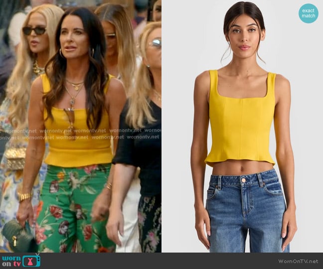Alice + Olivia Vera Bustier Top in golden hour worn by Kyle Richards on The Real Housewives of Beverly Hills
