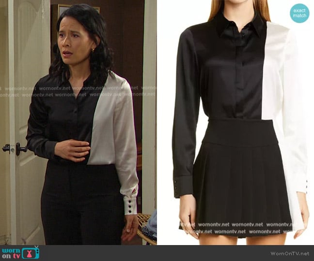 Alice + Olivia Willa Combo Silk Shirt worn by Amy Choi (Shi Ne Nielson) on Days of our Lives