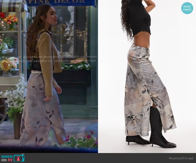All Saints Bryony Satin Maxi Skirt in pastel floral worn by Arianna Horton (Marissa Reyes) on Days of our Lives