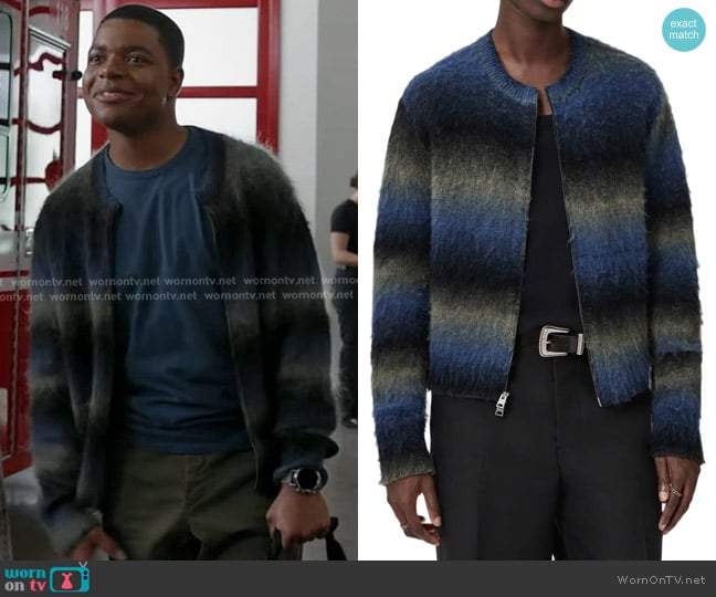 All Saints Halley Cardigan Sweater in Blue/ Grey/ Black worn by Harry Grant (Elijah M. Cooper) on 9-1-1
