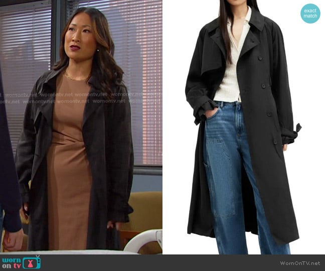 All Saints Kikki Trench Coat worn by Melinda Trask (Tina Huang) on Days of our Lives