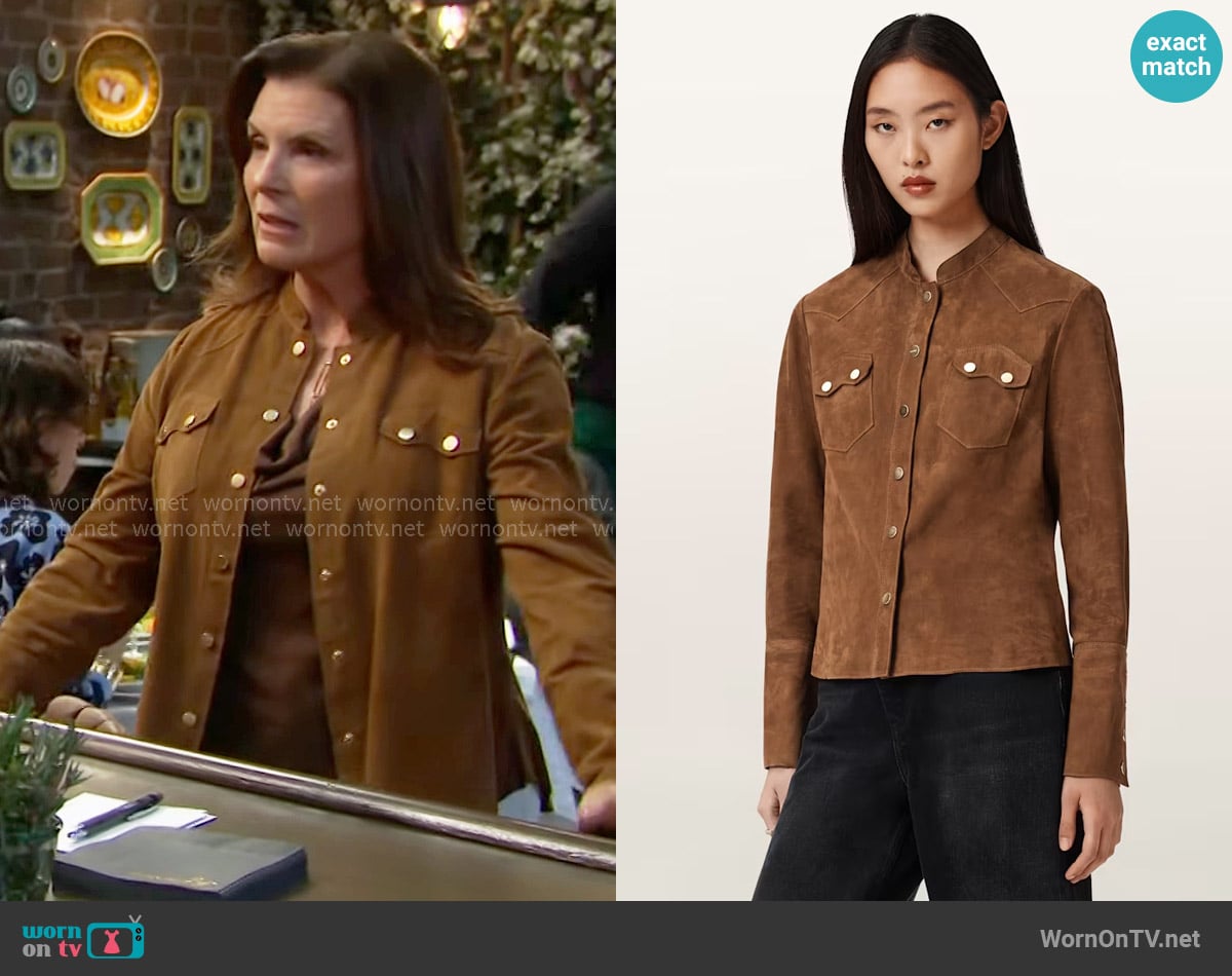 All Saints Rock Suede Shirt worn by Sheila Carter (Kimberlin Brown) on The Bold and the Beautiful