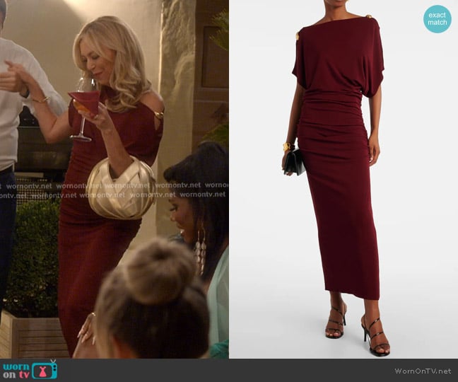 Altuzarra Brina Embellished Draped Jersey Gown in burgundy worn by Sutton Stracke on The Real Housewives of Beverly Hills