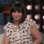 Amanda Cohen’s white butterfly print top on The Kelly Clarkson Show