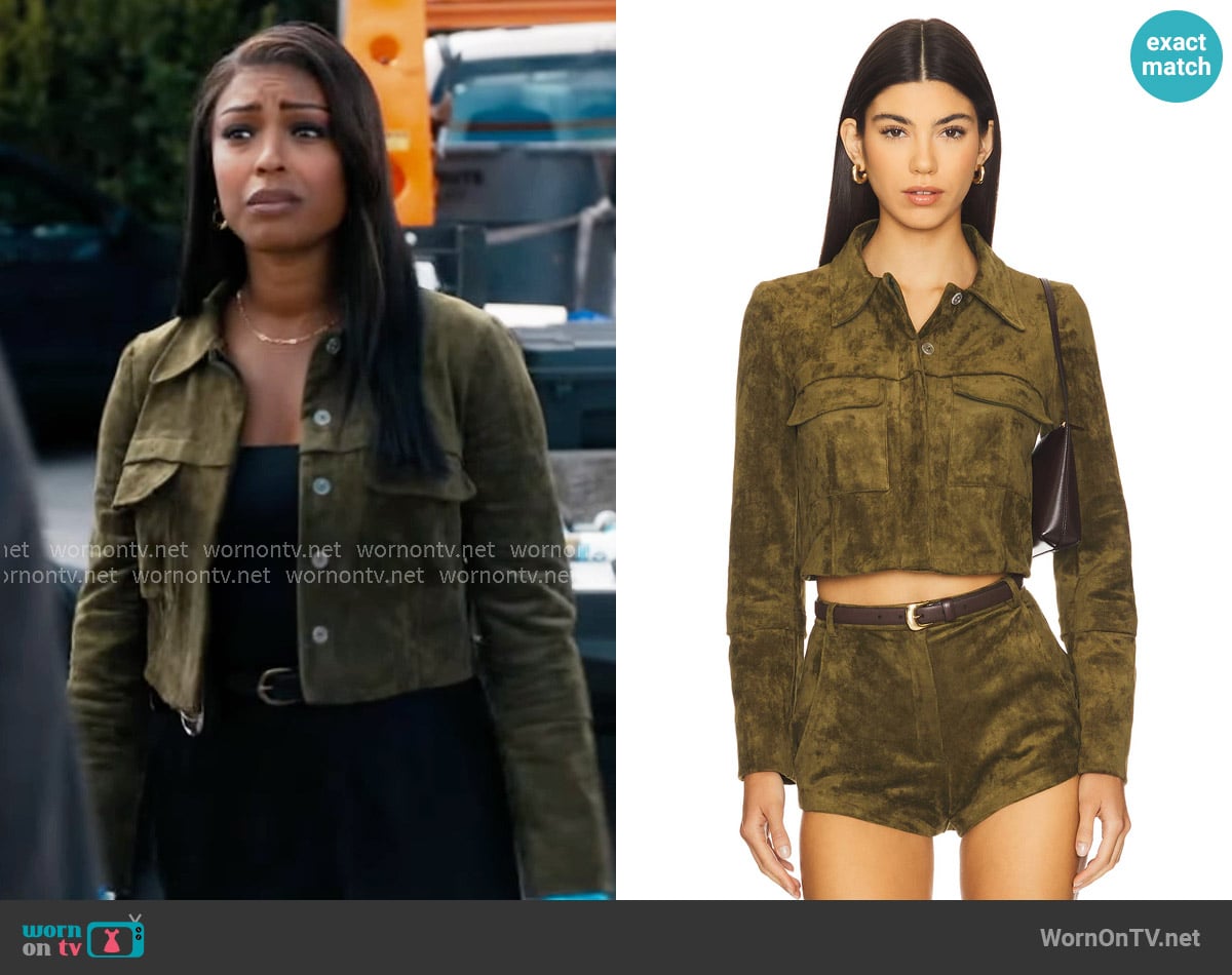 Amanda Uprichard Lucas Suede Jacket in Olive Green worn by Daphne (Javicia Leslie) on High Potential
