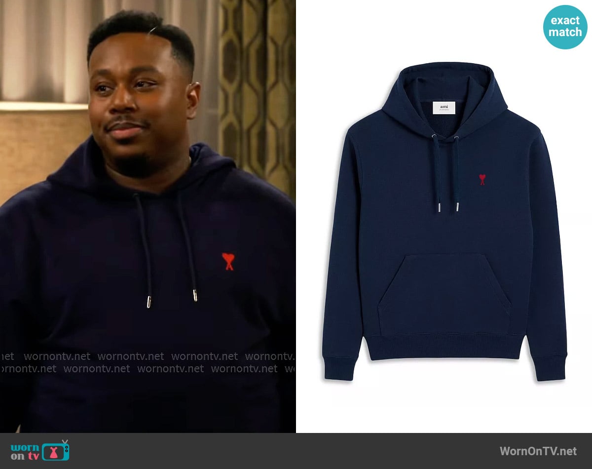 AMI Paris Logo Hoodie in Night Blue worn by Marty (Marcel Spears) on The Neighborhood
