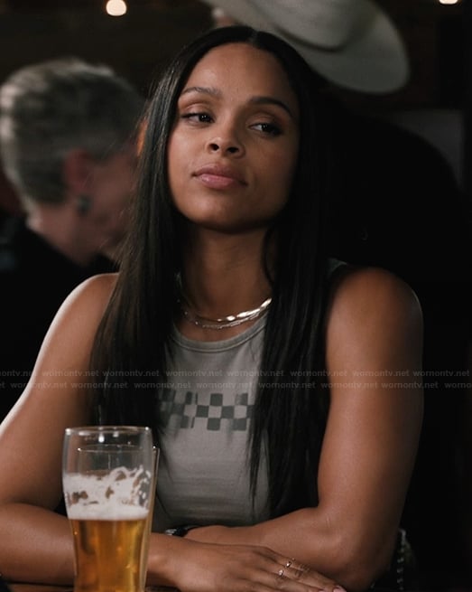 Andrea's gray checkerboard print tank on Marshals