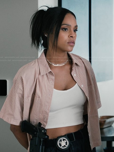 Andrea’s pink striped cropped shirt on Marshals