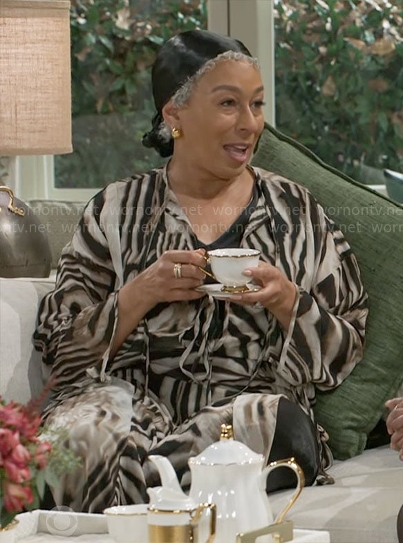 Anita’s zebra print kaftan on Beyond the Gates
