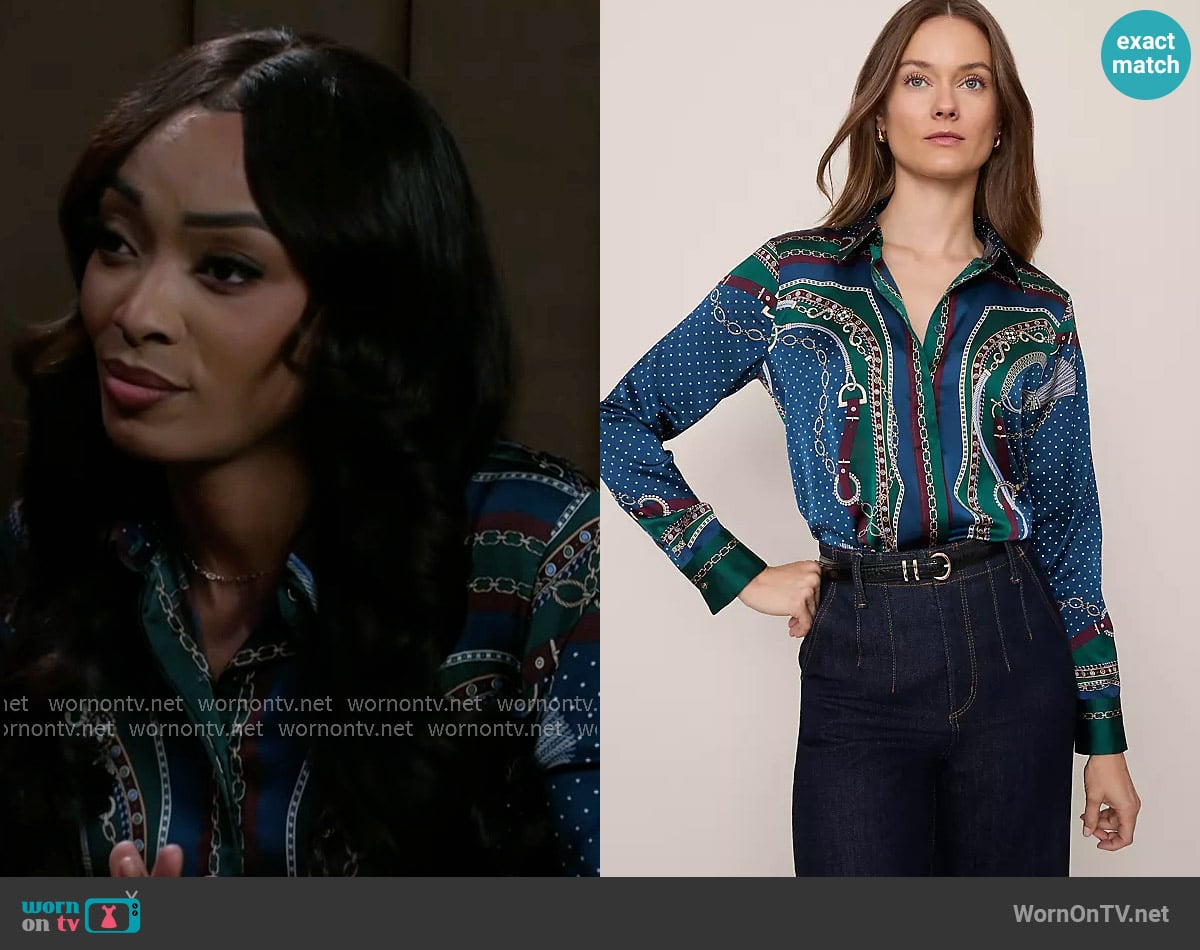 Ann Taylor Chain Link Print Satin Essential Shirt worn by Madison Montgomery (Kenjah) on Beyond the Gates