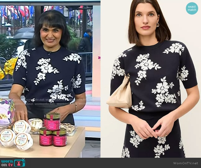 Ann Taylor Floral Jacquard Sweater Tee in Night Sky worn by Sonal Dutt on Today