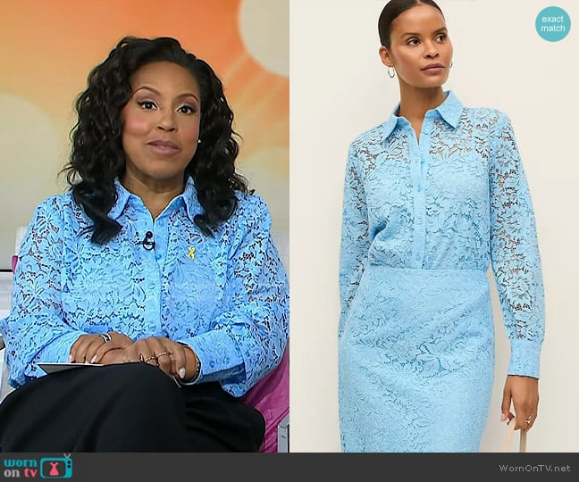 Ann Taylor Lace Shirt in Blue Air worn by Sheinelle Jones on Today