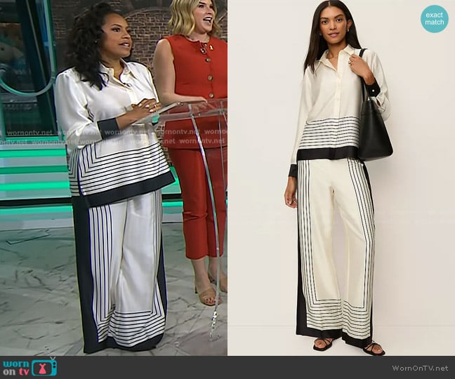 Ann Taylor Striped Satin Essential Shirt in Winter White worn by Sheinelle Jones on Today