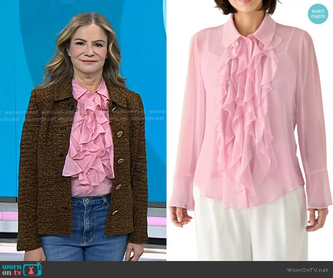 Anne Klein Long Sleeve Button Front Ruffle Blouse worn by Jennifer Jason Leigh on Today