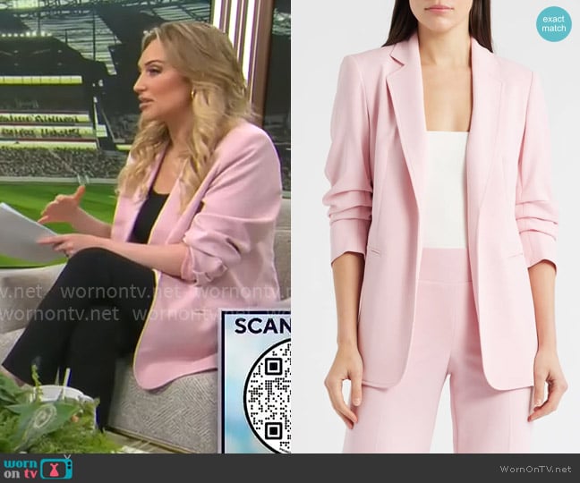 Anne Klein Open Front Scrunch Sleeve Blazer in Rose Water worn by Kelly O'Grady on CBS Mornings