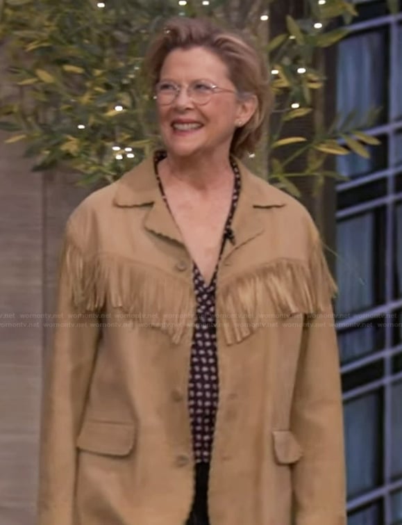 Annette Bening’s beige suede fringe jacket on Live with Kelly and Mark