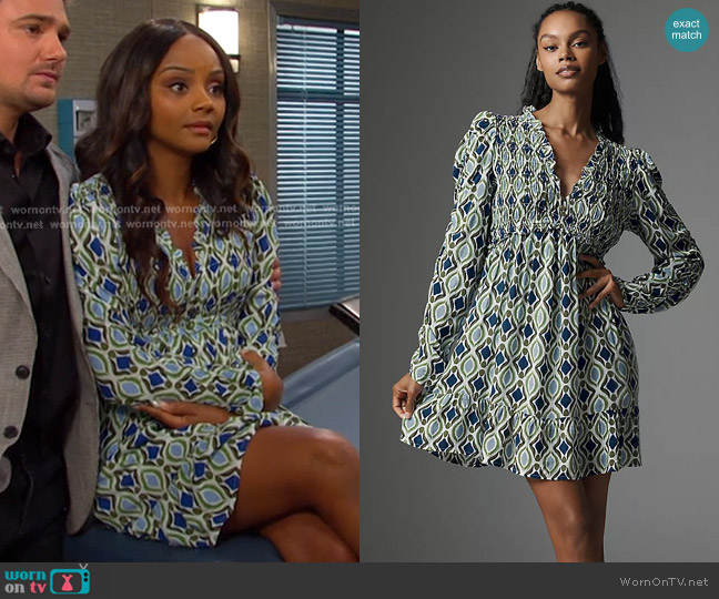 Anthropologie Long-Sleeve V-Neck Ruffle Mini Dress worn by Chanel Dupree (Raven Bowens) on Days of our Lives