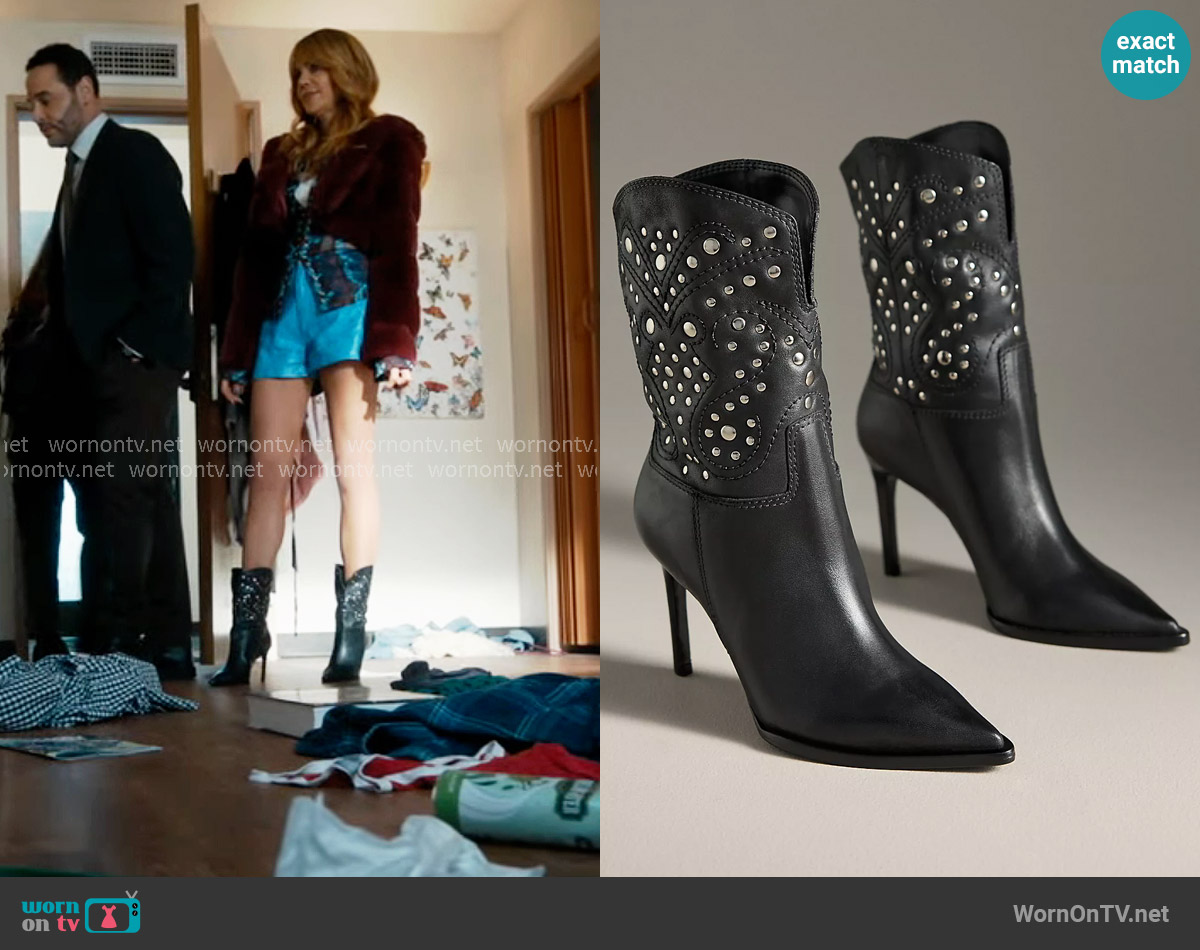 Anthropologie Studded High-Heel Western Ankle Boots worn by Morgan Gillory (Kaitlin Olson) on High Potential