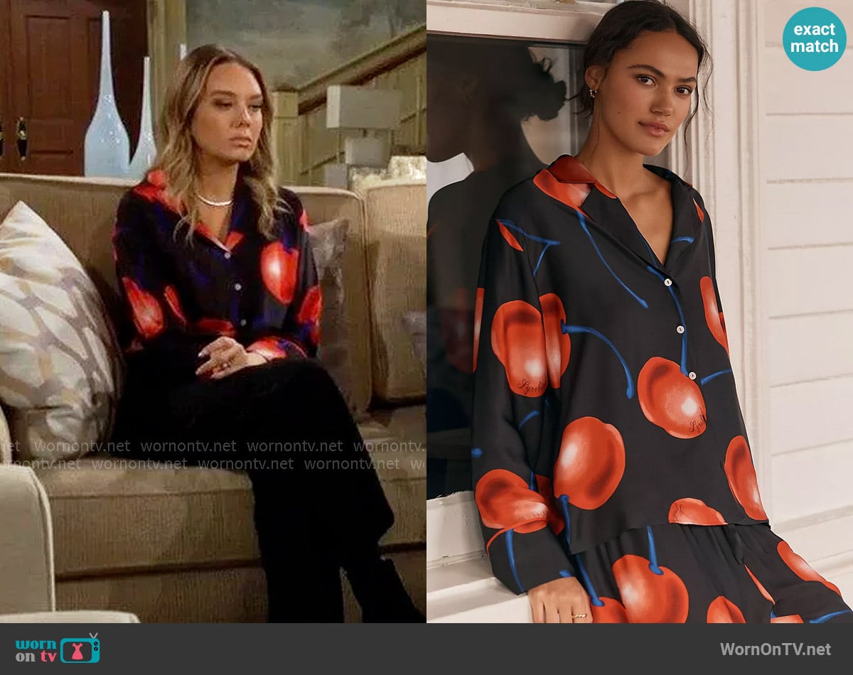 Anthropologie The LyreBird Silky Oversized Pajama Shirt worn by Abby Newman (Melissa Ordway) on The Young and the Restless