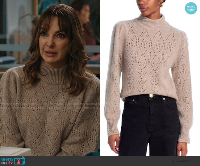 Aqua Cashmere Pointelle Mock Neck Sweater worn by Rachel (Skye P. Marshall) on Matlock