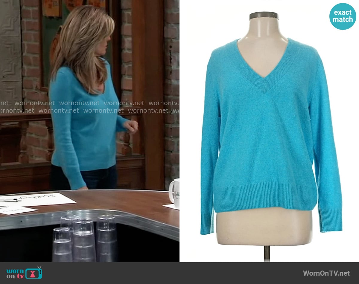 Aqua V-neck Cashmere Sweater worn by Carly Spencer (Laura Wright) on General Hospital