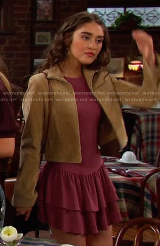 Ari’s pink ruffle mini dress and suede jacket on Days of our Lives