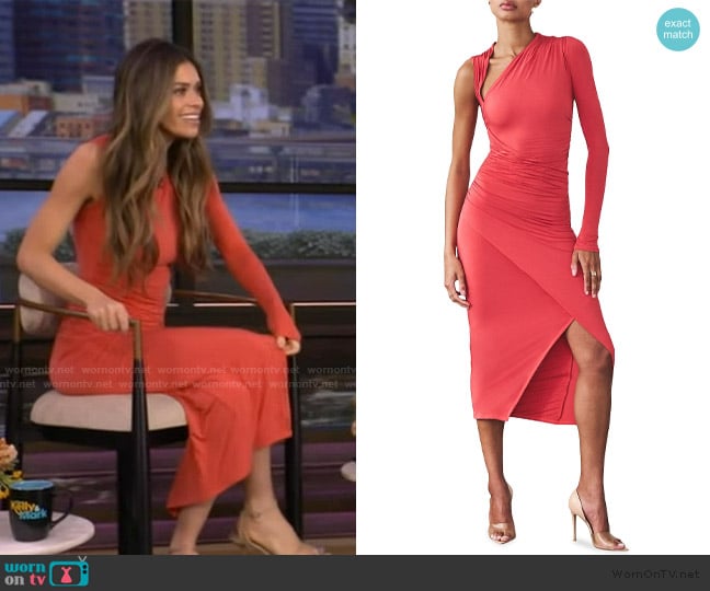 Artemis Diciero Mikaela Asymmetric Body-Con Midi-Dress worn by Taylor Paul on Live with Kelly and Mark