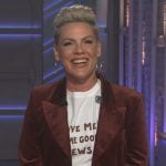 Pink’s burgundy corduroy suit on The Kelly Clarkson Show