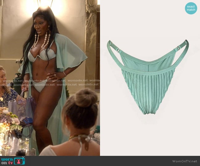 Asherah Swimwear Amari Thong Bottom in Ocean Mist worn by Bozoma Saint John on The Real Housewives of Beverly Hills