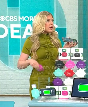 Ashley Bellman's green ruched front midi dress on CBS Mornings