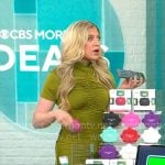 Ashley Bellman’s green ruched front midi dress on CBS Mornings