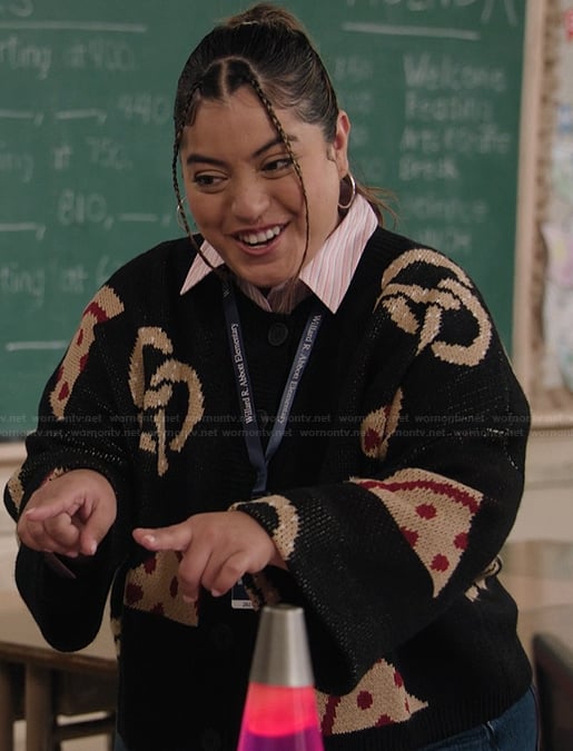 Ashley’s black printed sweater on Abbott Elementary