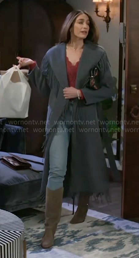 Ashley's grey fringed coat on Beyond the Gates