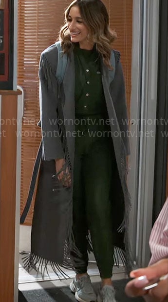 Ashley's grey fringed coat on Beyond the Gates